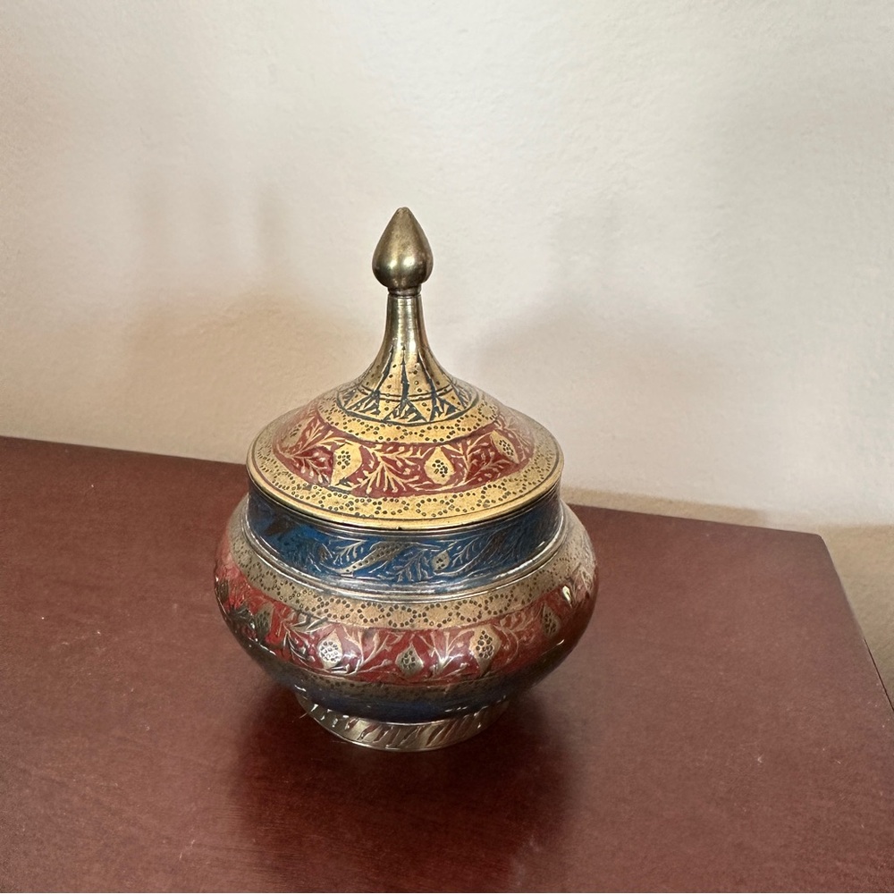 Antique brass enamel jar. Indian cloisonnΓ© in green and red, with lid. Bollywood